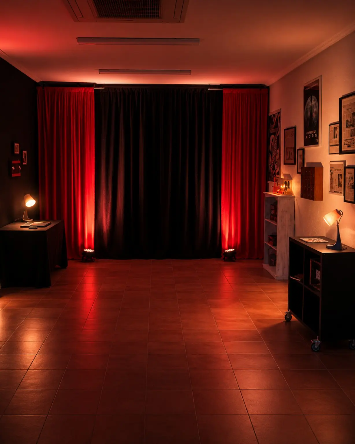 El espacio escénico del Estudio de Ilusionismo iluminado en rojo