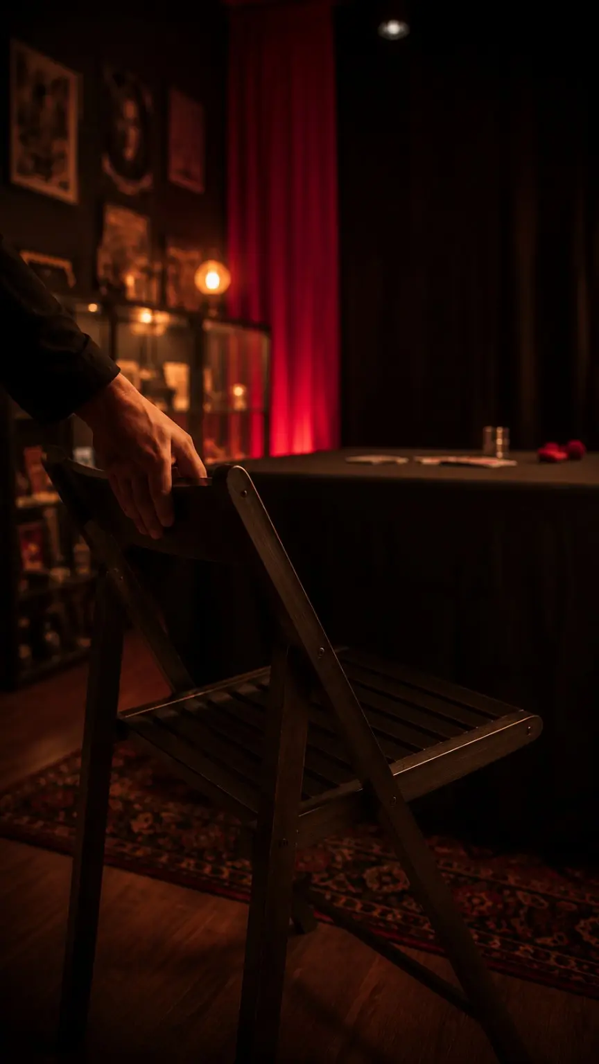 Una silla frente a la mesa de magia del Estudio